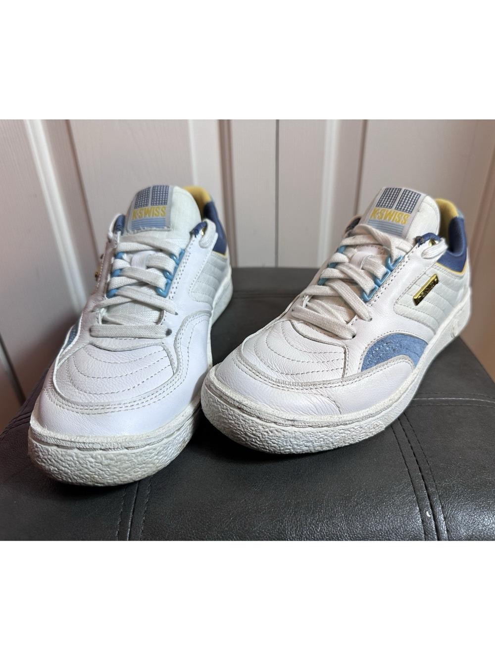 K-Swiss Women's Shoes Size 7 White Blue Yello Low-Top Lace Logo Walking Retro